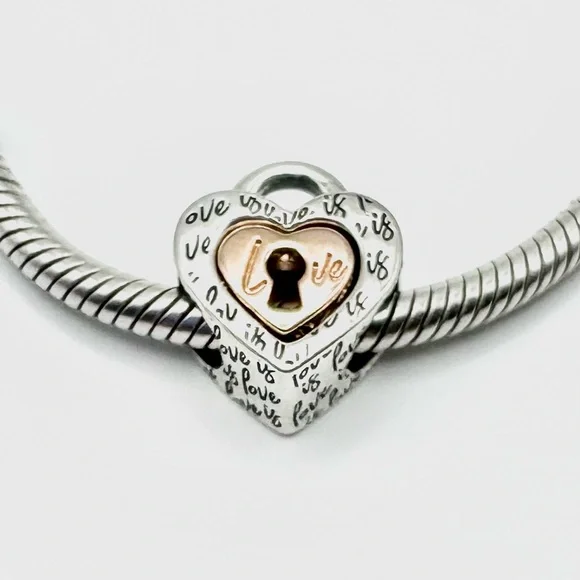 Pandora Two-tone Padlock Splittable Sterling Silver & Rose Gold Love Heart Charm - Picture 1 of 7